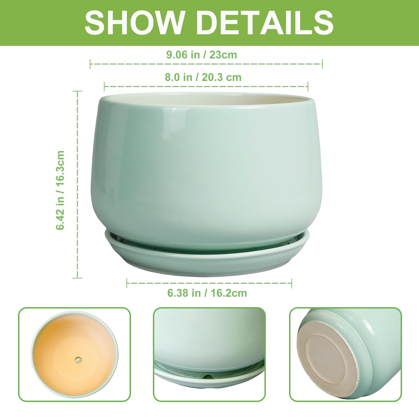 G EPGardening Ceramic Pots for Plants - 9 Inch Ceramic Planter with Drainage and Saucer, Round Planter for Indoor Outdoor Plants, Modern Flower Pots, Garden Decor, Birthday Gifts, Green