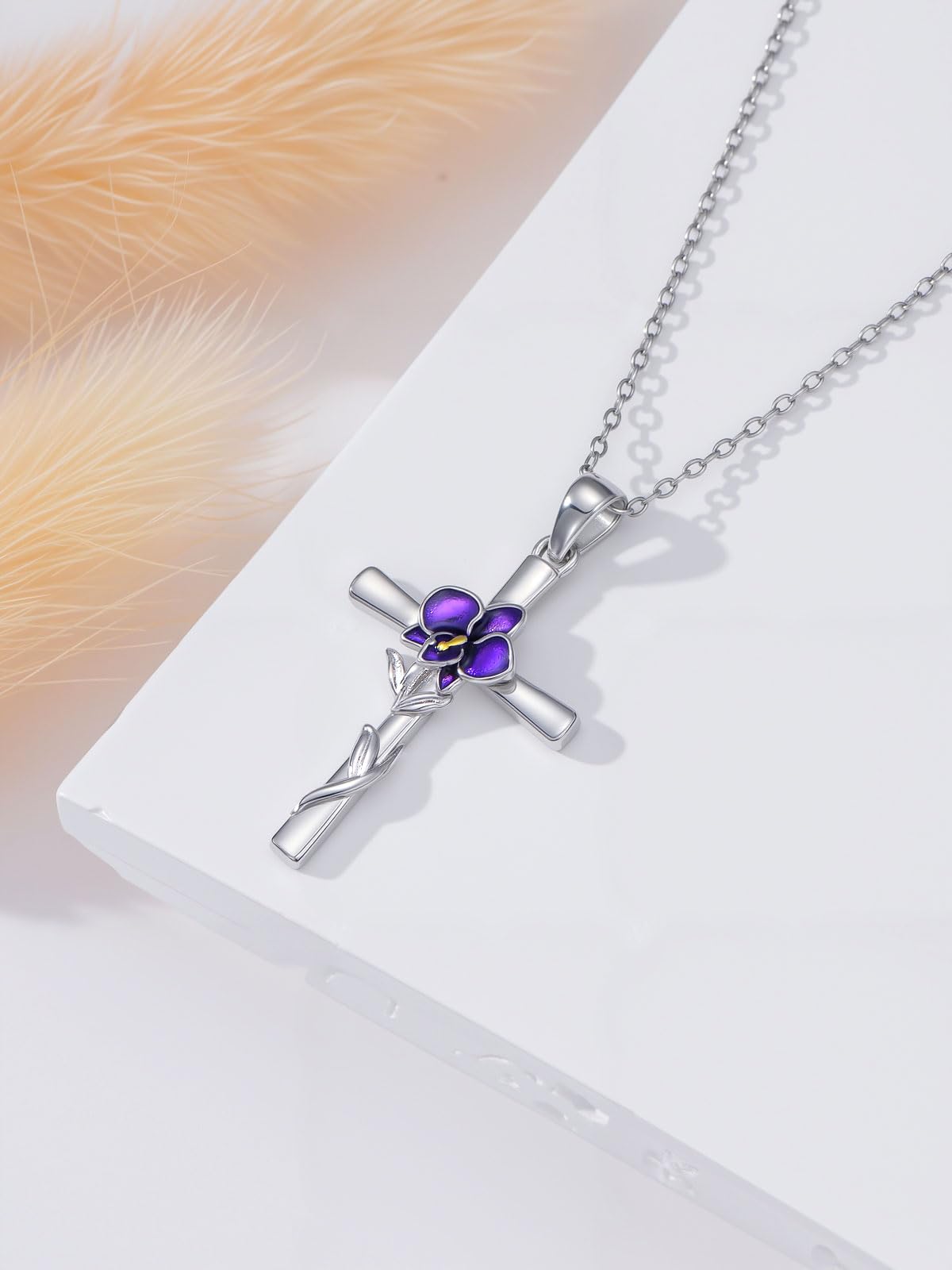 Cargari Orchid Cross Necklace for Women 925 Sterling Silver Birth Flower Cross Pendant Orchid Necklace Jewelry Floral Gifts for Women