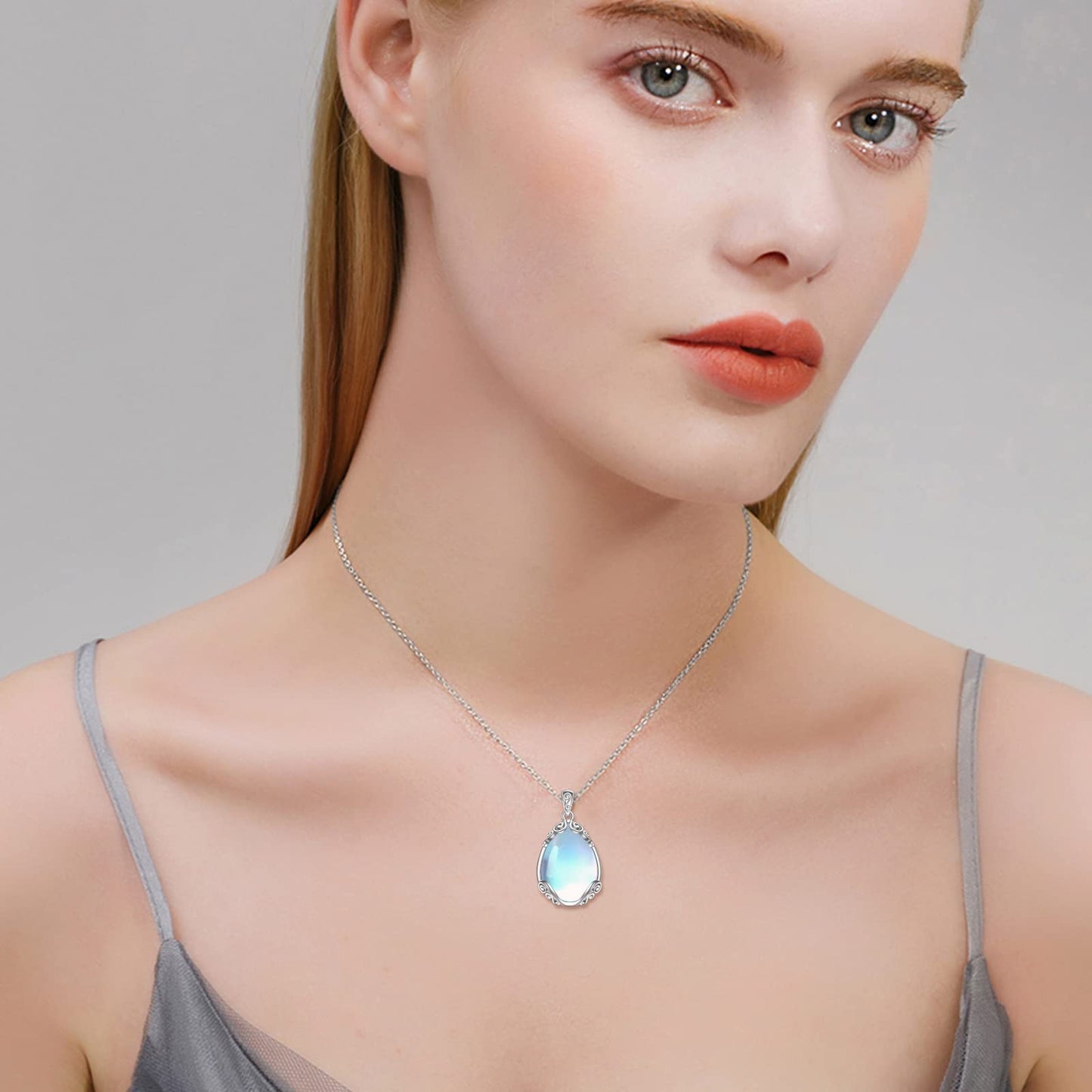YAFEINI 925 Sterling Silver Moonstone Necklace Filigree Teardrop Pendant Necklace Jewelry Gift for Women (K-Filigree moonstone necklace)