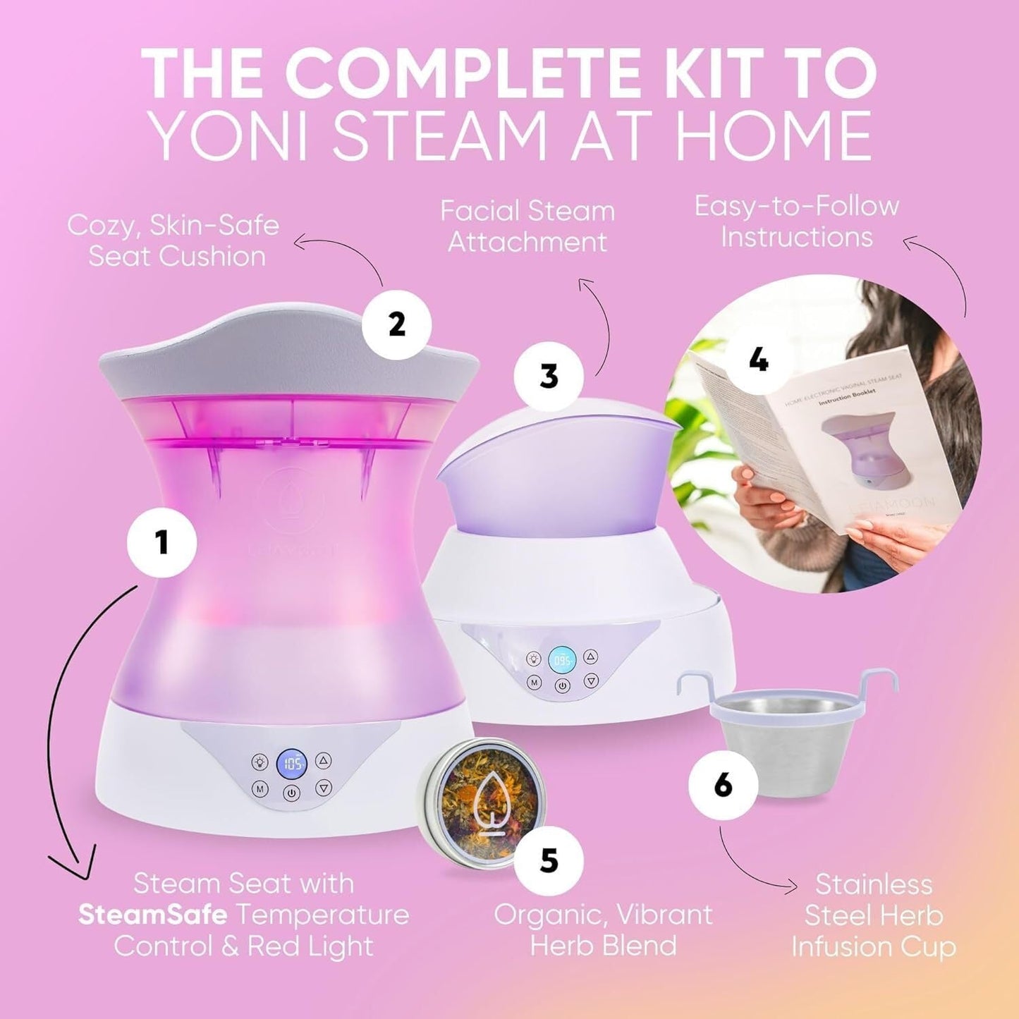 Yoni Steam Seat Set for Feminine Wellness & Self-Care - Vaginal Steamer with SteamSafe Temperature Control & Near Infrared & Red Light Therapy - V Steam at Home Kit with Yoni Herbs for Steaming