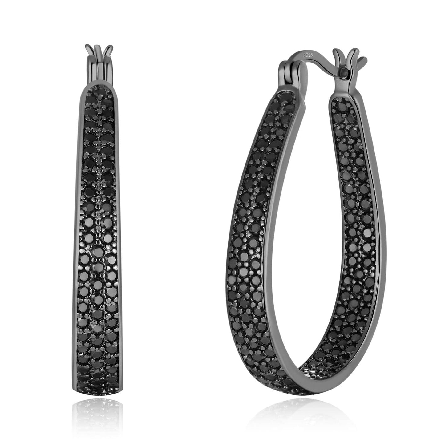 CiNily Black Gold Plated Big Cubic Zirconia Hoop Earrings for Women 925 Sterling Silver Post Large Oval Chunky Gemstone Hoop Earrings