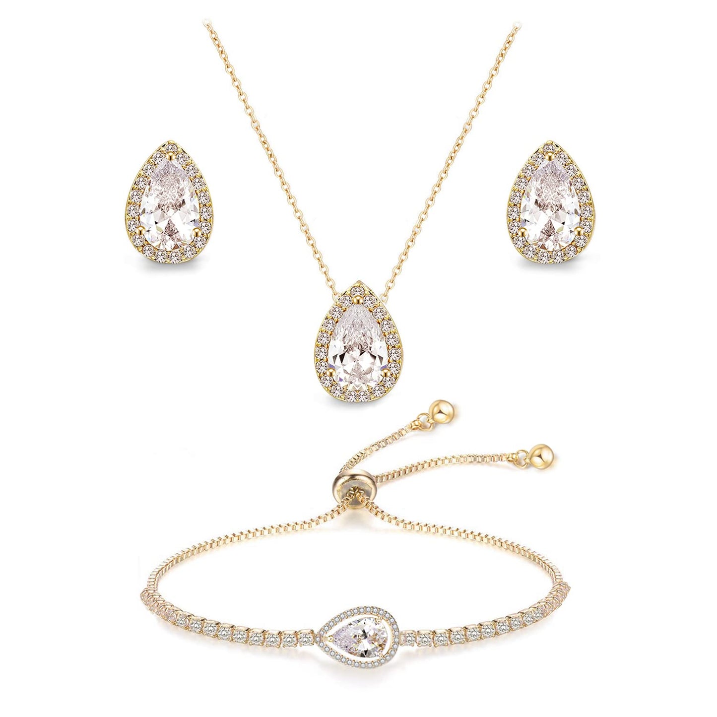 UDYLGOON Tearsdrop Earrings Necklace Jewelry Set For Bride Bridesmaids Wedding Prom Formal Party (3 Set-18K Gold Plated)