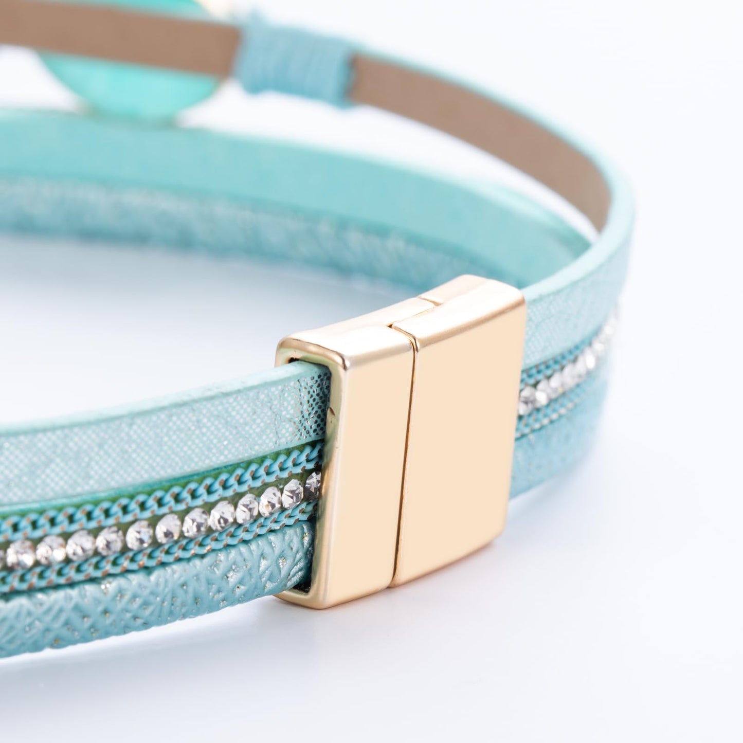 FANCY SHINY Boho Leather Wrap Bracelet Stackable Chunky Crystal Cuff Bracelets with Magnetic Clasp Cowboy Cowgirl Western Summer Beach Outfits Jewelry Gifts for Women (14.7", Teal)
