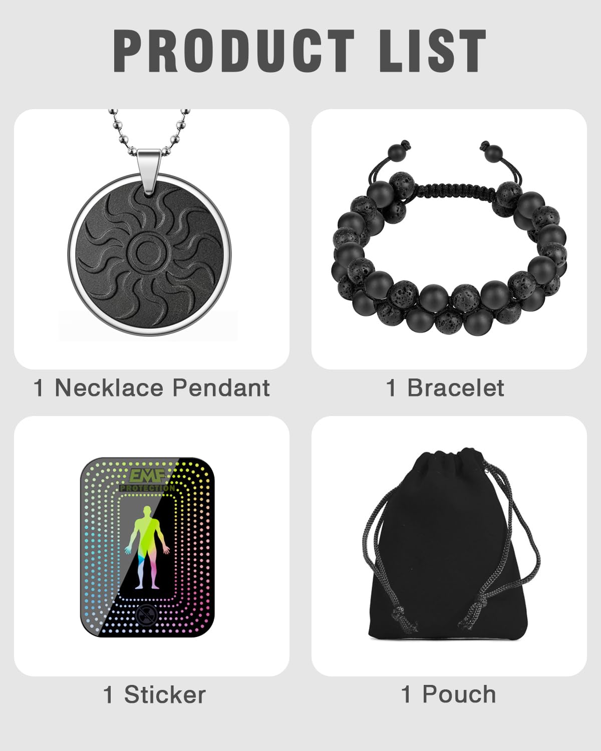 Necklace Pendant and Bracelet and Sticker (3 in 1 SET), Pendant - Metal Frame Protection, Bracelet - Two Layers of Beads, Sticker - Shungite Protection, Reduce Anxiety, Relieve Stress, for Women/Men