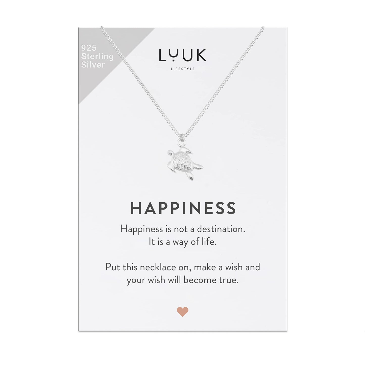 LUUK LIFESTYLE Necklace in 925 sterling silver with turtle pendant, HAPPINESS gift card, travel lucky charm, 19” adjustable length, women's festival jewelry, fashion accessory, marine motif, silver