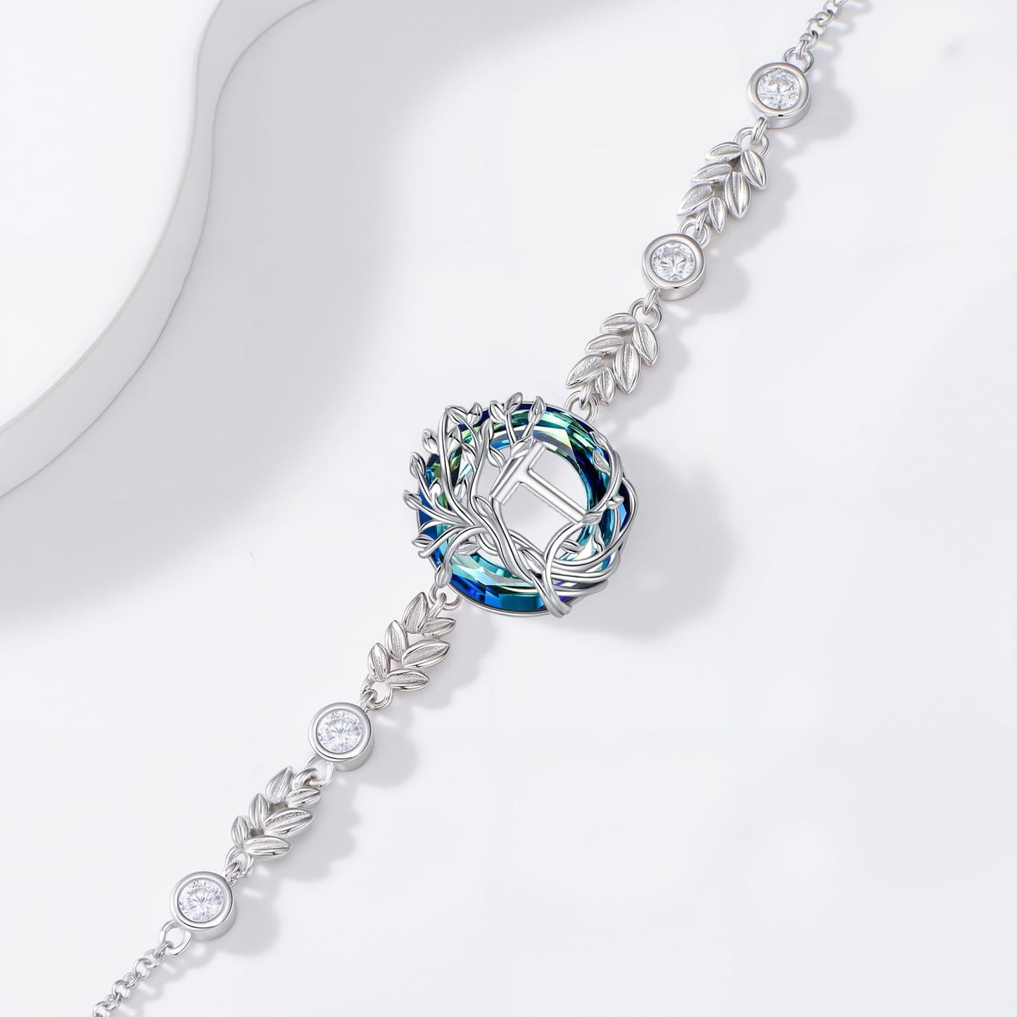 TOUPOP Tree of Life Initial Bracelet Sterling Silver Initials T Letter Link Bracelets Blue Circle Crystal Family Tree Birthday Mothers Day Jewelry Gifts for Women Mom Wife