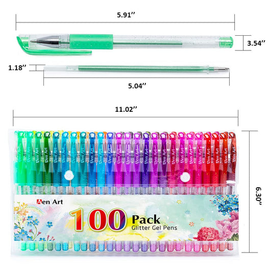 Aen Art Glitter Gel Pens, 100 Color Glitter Pen Set for Making Cards, 30% More Ink Neon Glitter Gel Marker for Adult Coloring Books, Journaling Crafting Doodling Drawing