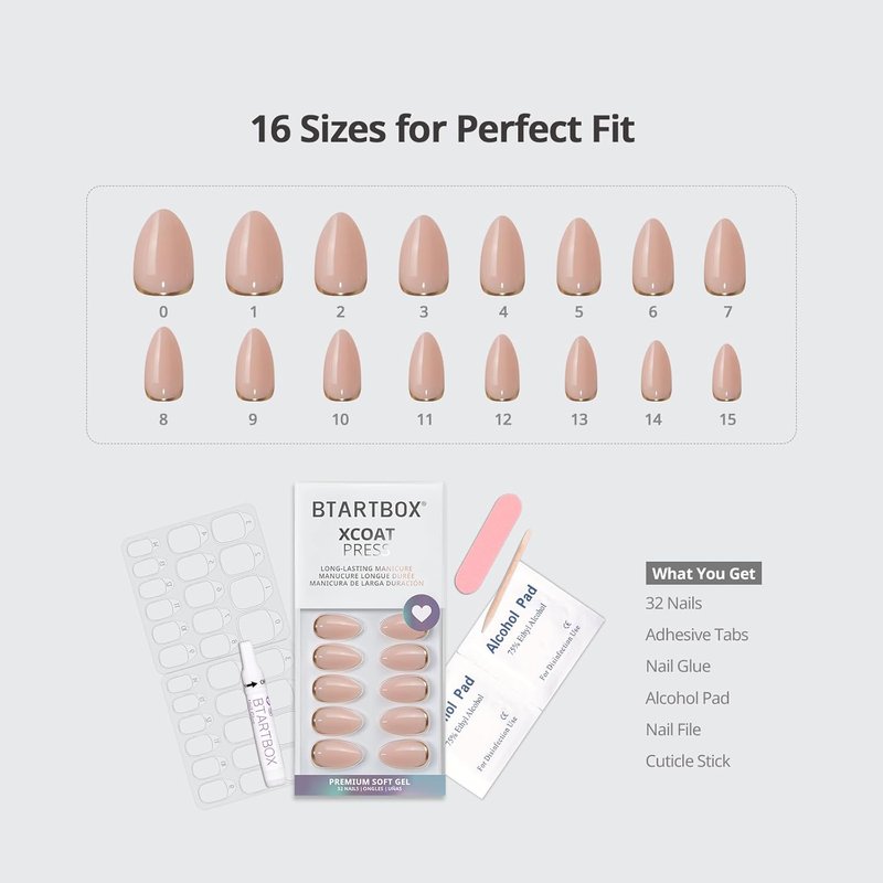 Press On Nails Almond - Short Gold Foil Soft Gel Nails with Glue | 32-Piece Kit in 16 Sizes