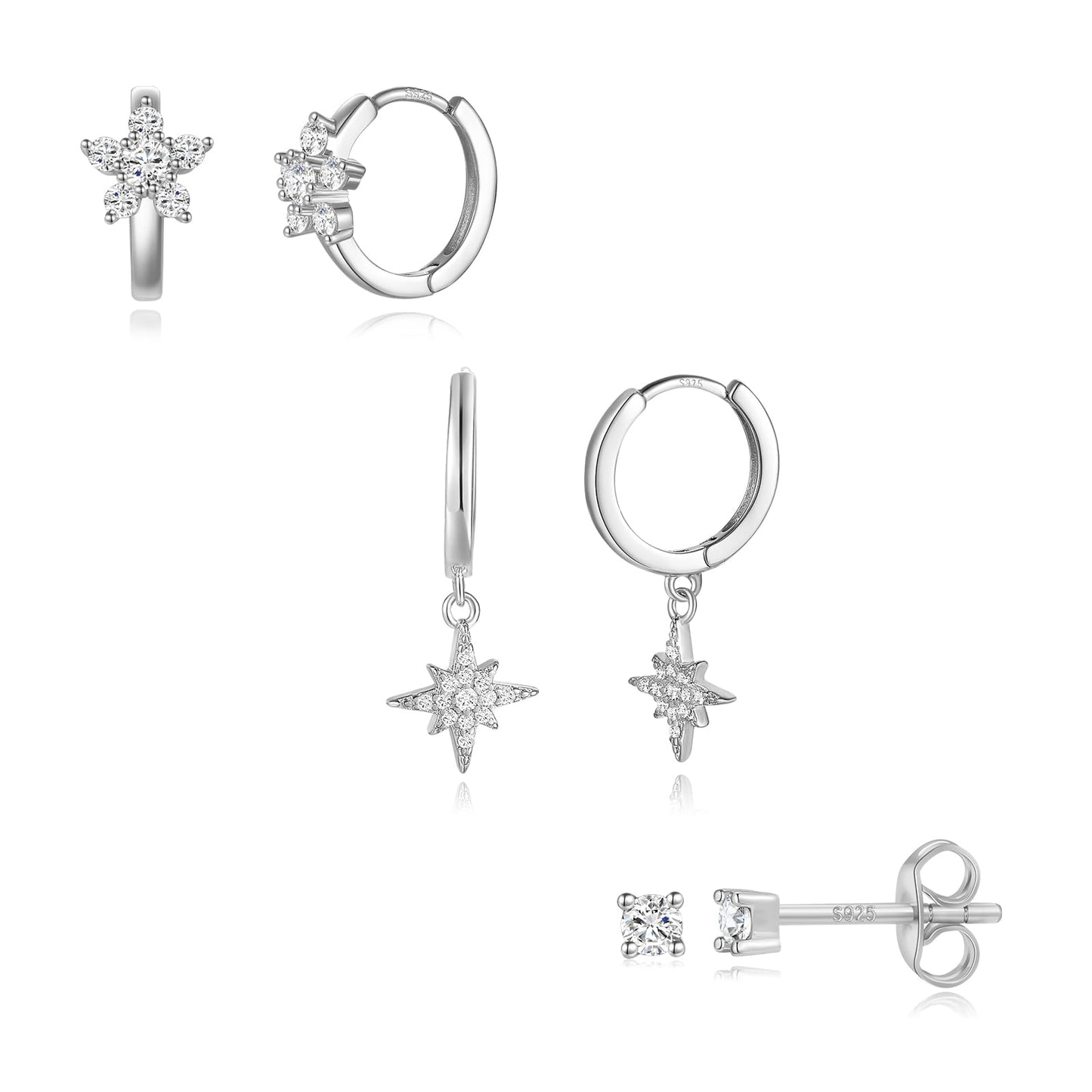 3 Pairs 925 Sterling Silver Earrings Set for Women, Hypoallergenic Silver Huggie Hoop Star Earrings Trendy, Cubic Zircon Studs Cartilage Silver Earring Stacks, Jewelry for Women Gifts