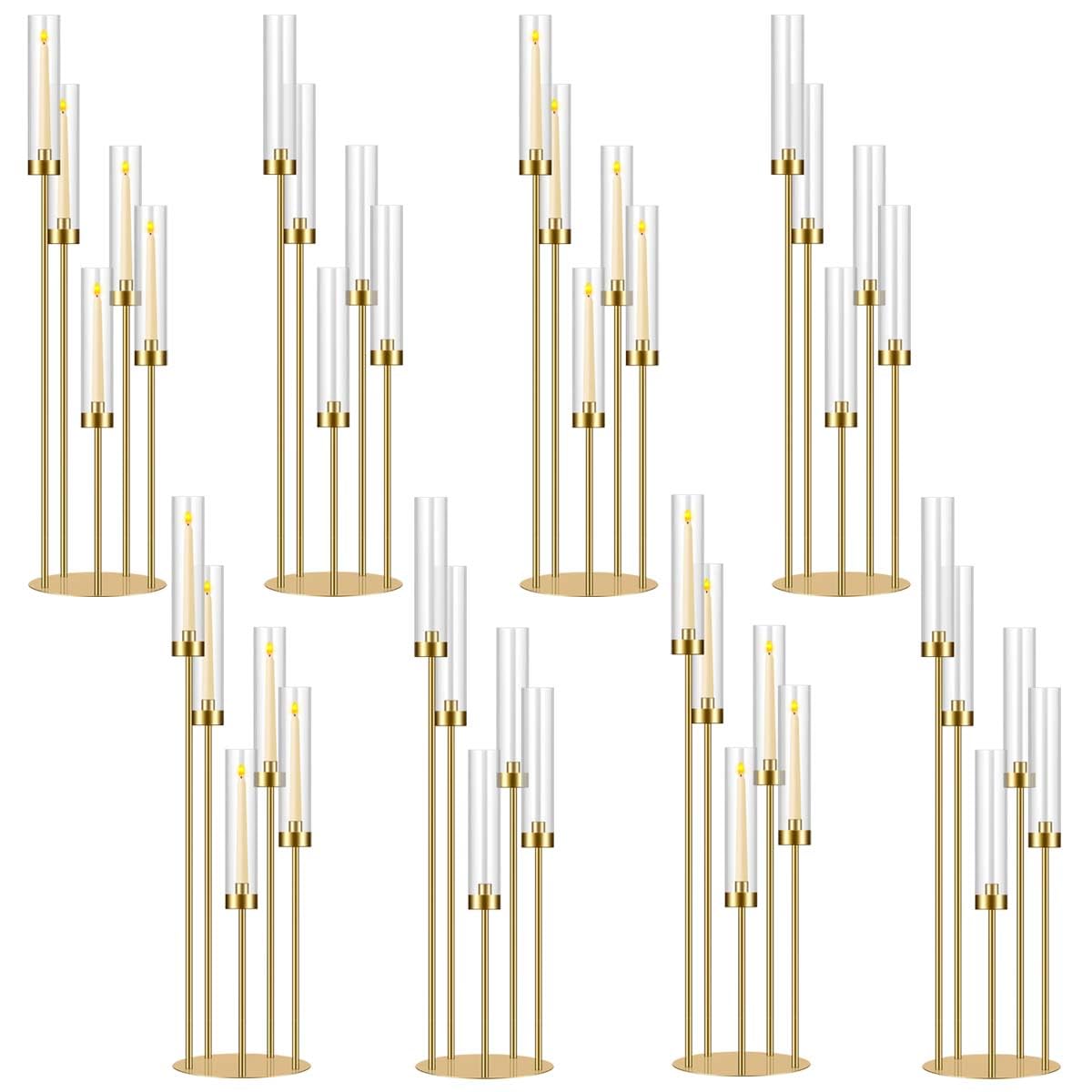 35in 8 Set Gold Candelabra Candle Centerpieces for Tables Candlesticks Holder Wedding Centerpieces Table Decorations Acrylic lampshade Fit 0.9" LED Candle"