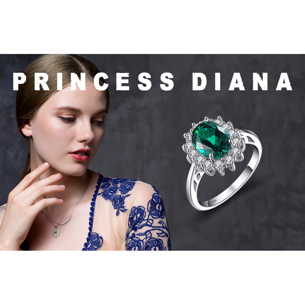 JewelryPalace Princess Diana Kate Middleton Gemstone Birthstone Green Emerald Halo Engagement Rings for Women, Anniversary 14K White Gold Plated 925 Sterling Silver Promise Rings for Her Size 10.5