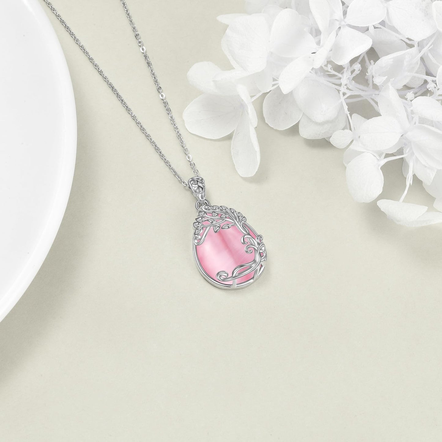 YAFEINI Tree of Life Necklace 925 Sterling Silver Pink Natural Stone Necklace Pendant Jewelry for Women (PP-Tree of Life Pink Opal Necklace)