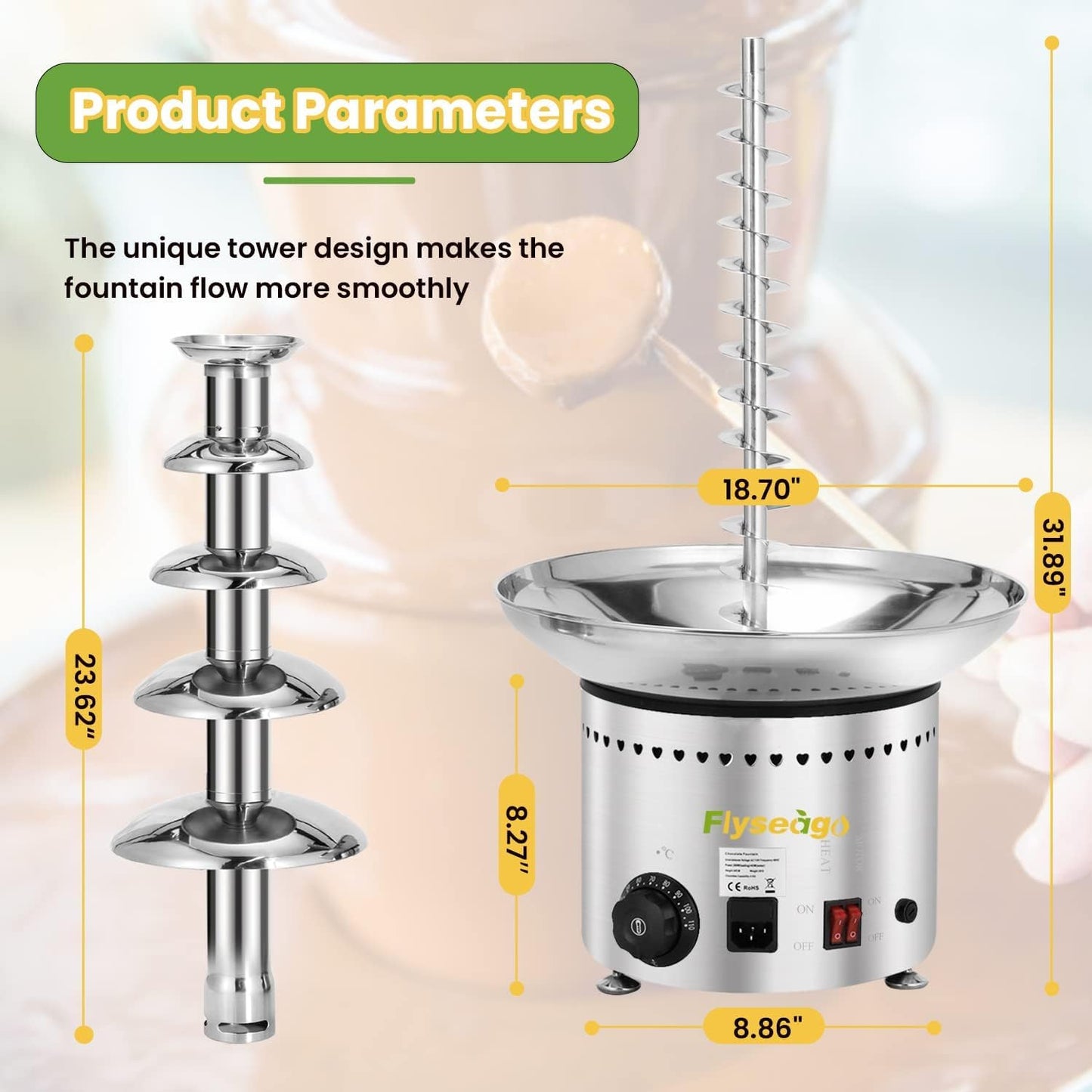 Flyseago Commercial Chocolate Fountain 5 Layers 18Lbs Large Chocolate Fondue Tower Stainless Steel Hot Chocolate Waterfall for Nacho Cheese Knob Control