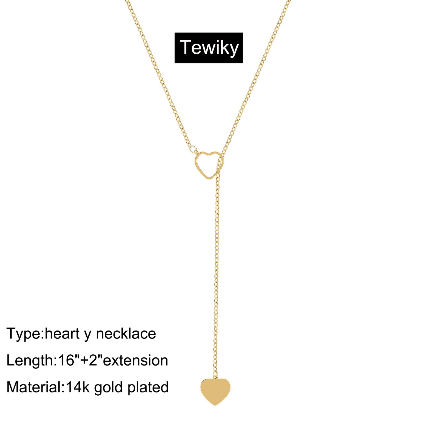 Tewiky Heart Lariat Necklace, 14k Gold Plated, Women's Fashion Jewelry, Gold Heart Pendant, 16 Inch Chain, Perfect for Parties, Weddings, Graduations