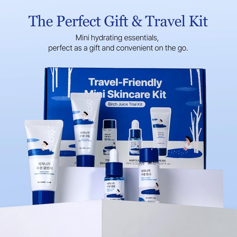 ROUND LAB Birch Juice Moisturizing Mini Kit, 4-Step Travel Size Skincare Set (Cleanser, Toner, Serum, Cream), Daily Skin Care Routine Trial Kit for Acne-Prone and Sensitive Skin, Korean Skin Care