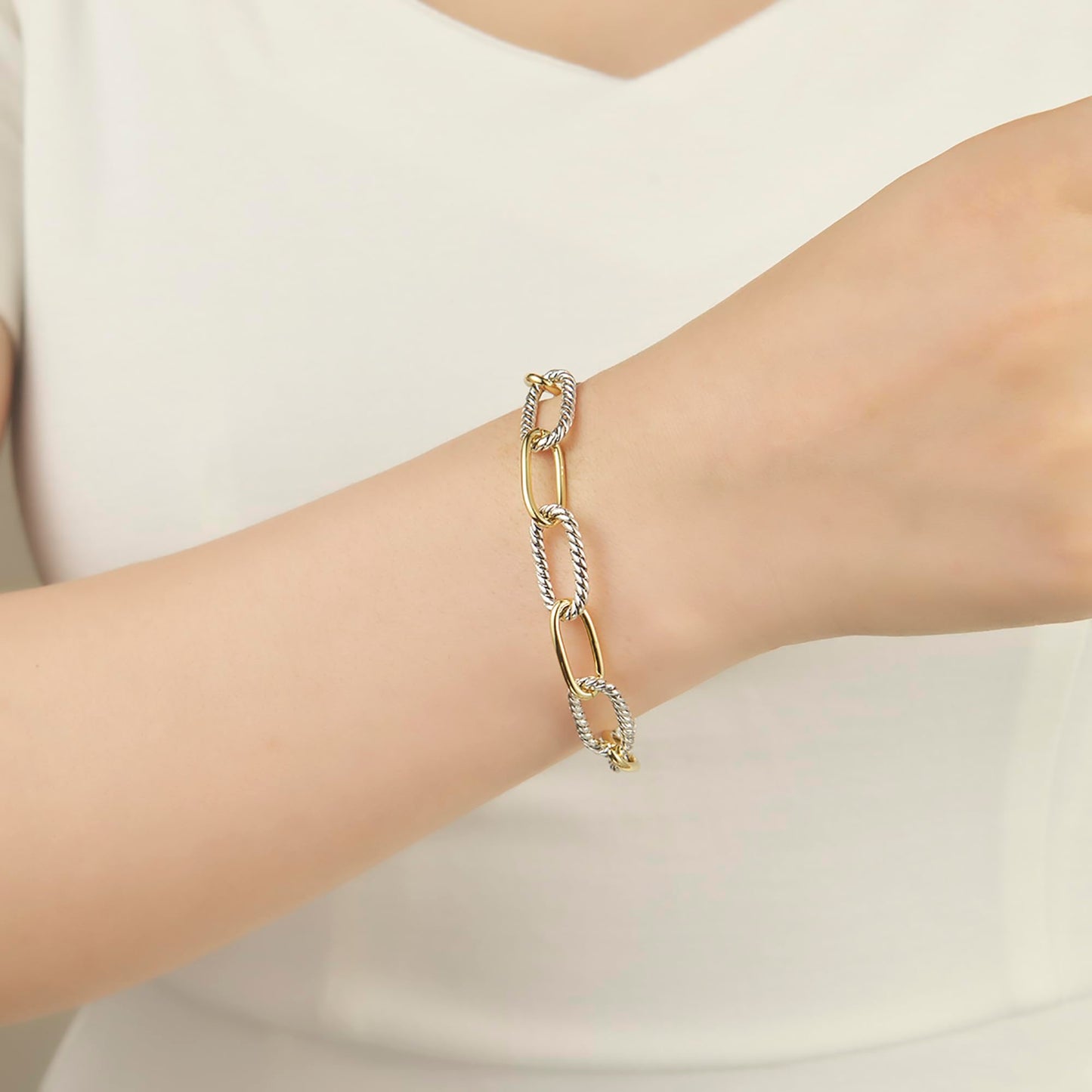 UNY JEWEL Slim Paperclip Link Bracelet Two Tone Twisted Cable Wire Chain Lightweight Designer Inspired Jewelry Gift for Women (Slim Paperclip Two Tone)