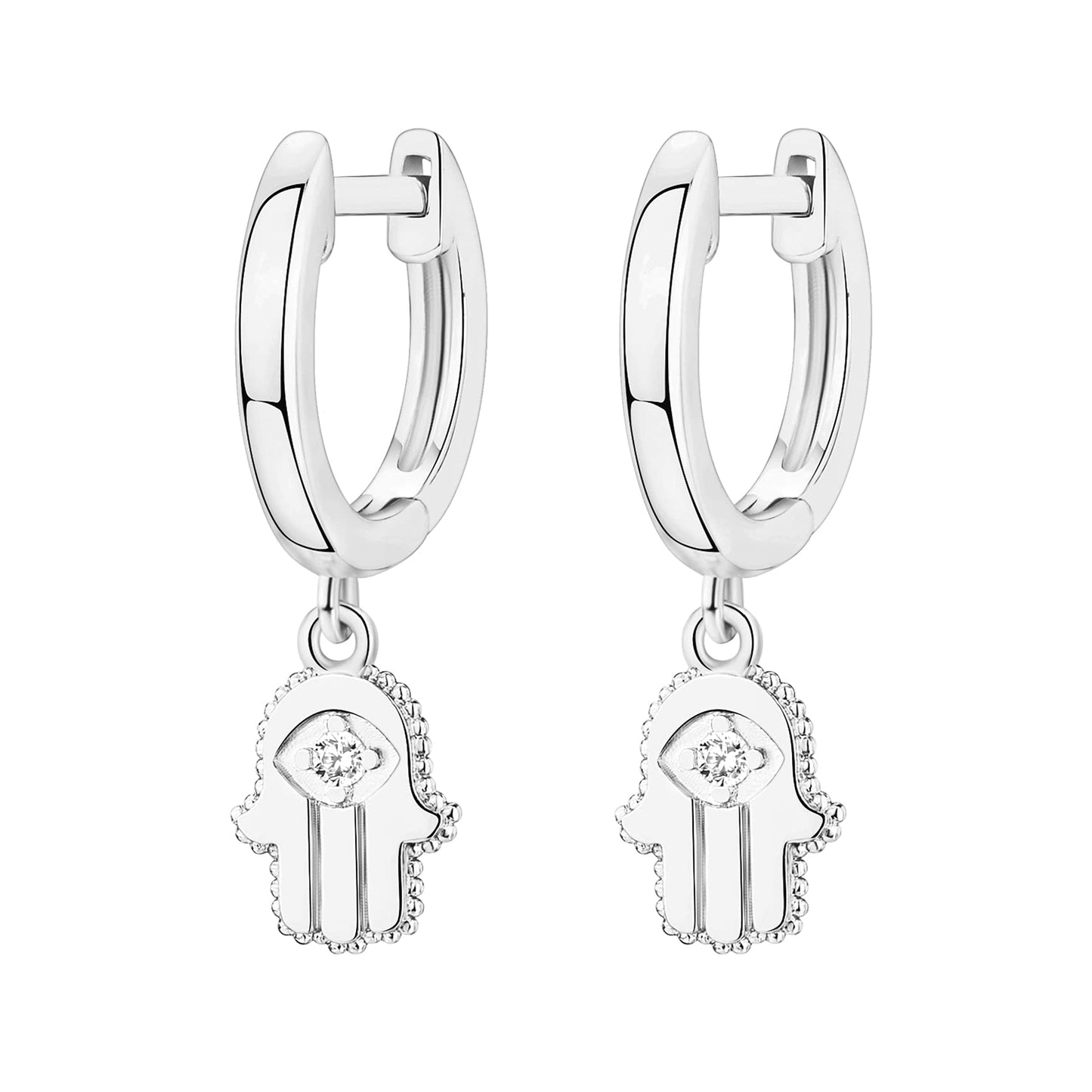 PAVOI Rhodium Plated 925 Sterling Silver Post Good Luck Dangle Huggie Hoop Earrings For Women - Trendy Hamsa Drop Hoop Earrings - Cubic Zirconia Small Hinged Huggies