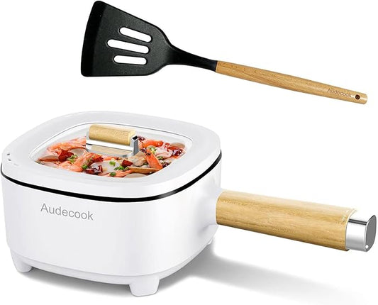 Audecook Hot Pot Electric 2L, Cermic Glaze Non-Stick Frying Pan 8 Inch, Portable Travel Cooker for Ramen/Steak/Fried Rice/Oatmeal/Soup, with Dual Power Control (Silicone Spatula Included)