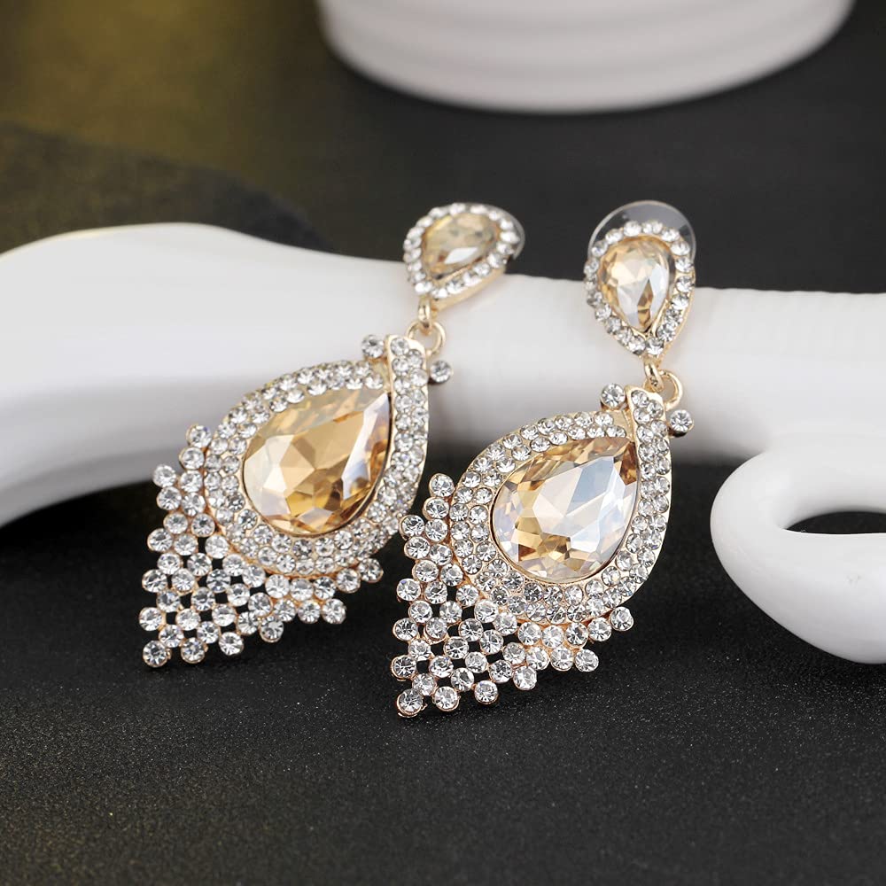 JWICOS Bridal Wedding Earrings for Women Brides Crystal Rhinestones Dangle Teardrop Chandelier Earrings for Prom or Pageant (champagne)