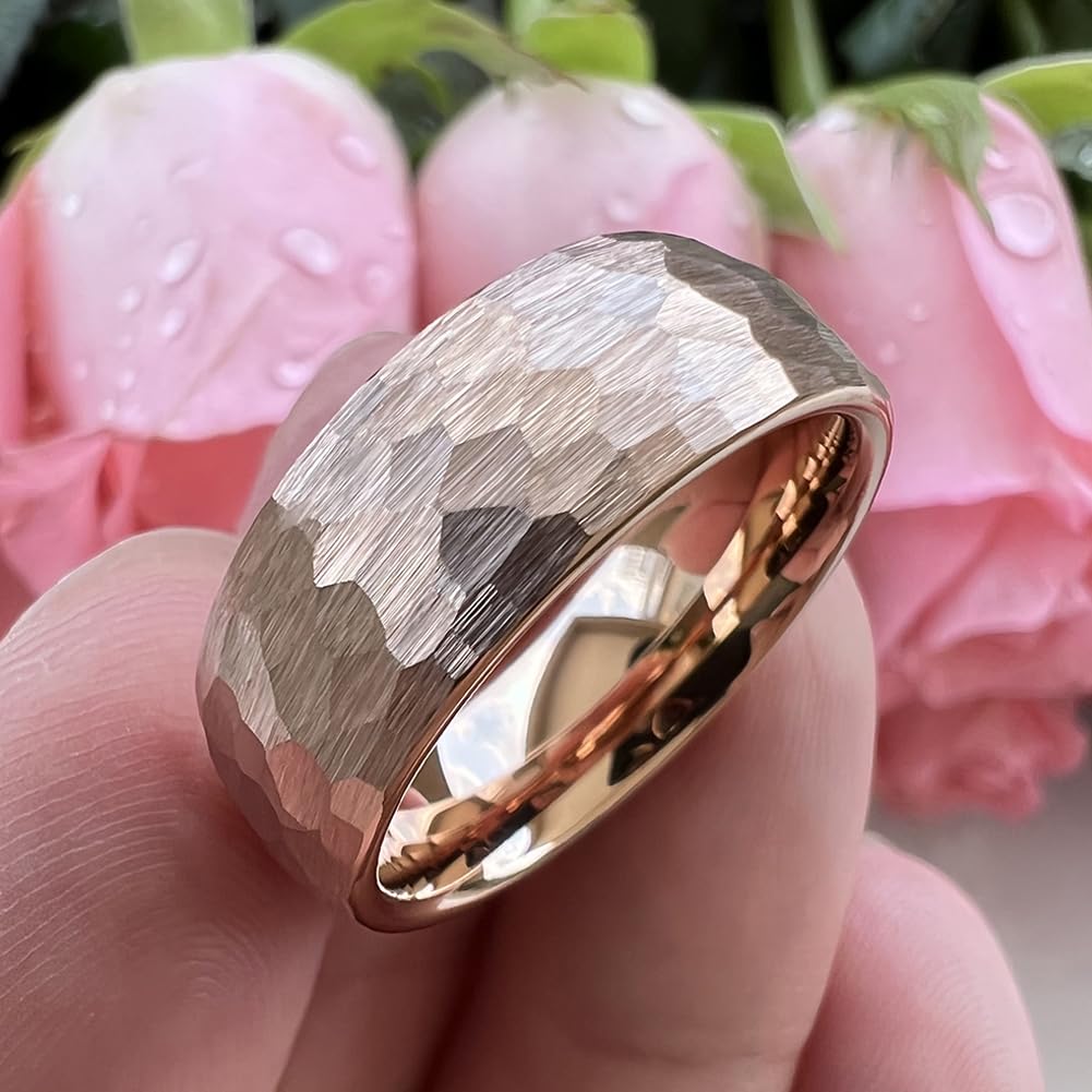 TUTISS 8mm Rose Gold Hammered Tungsten Rings for Men Women Engagement Wedding Bands Domed I Love You Engraved Comfort Fit Size 7