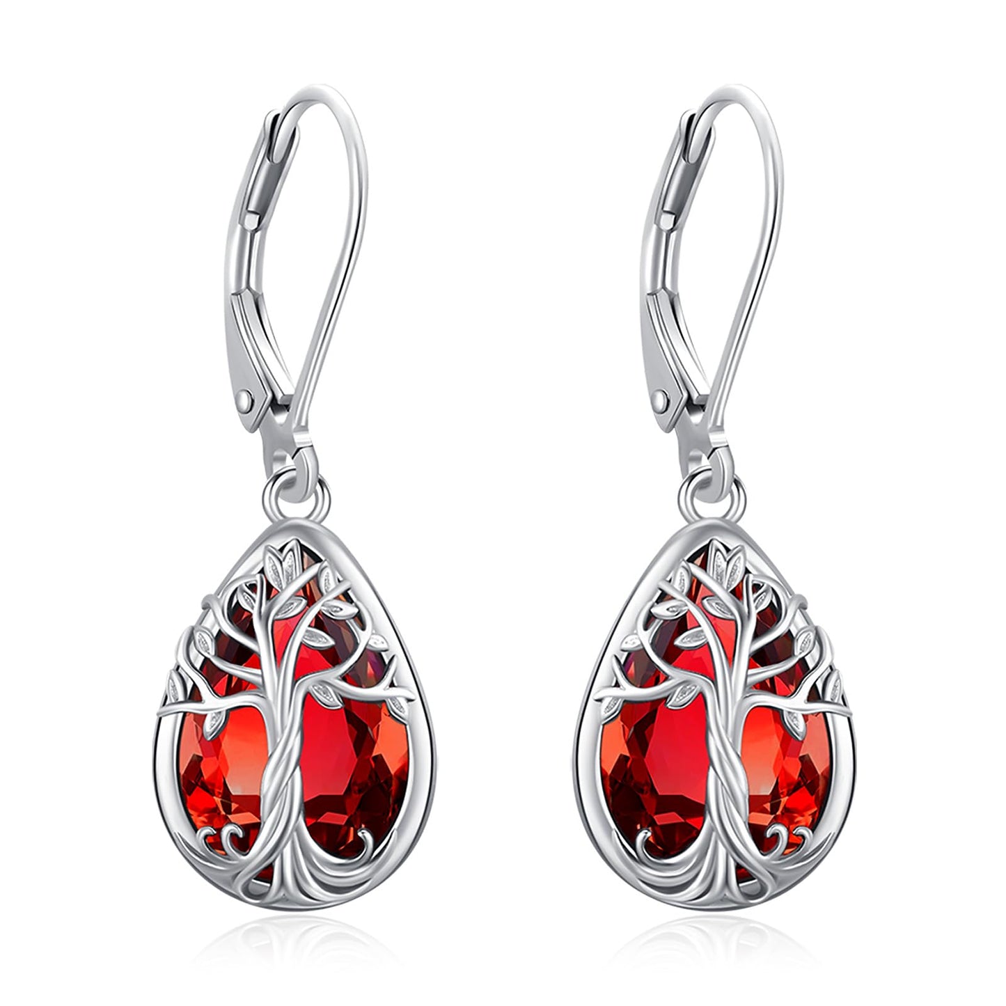 Eusense Tree of Life Earrings 925 Sterling Silver Garnet Birthstone Earrings Teardrop Dangle Leverback Earring for Women January Birthstone Jewelry