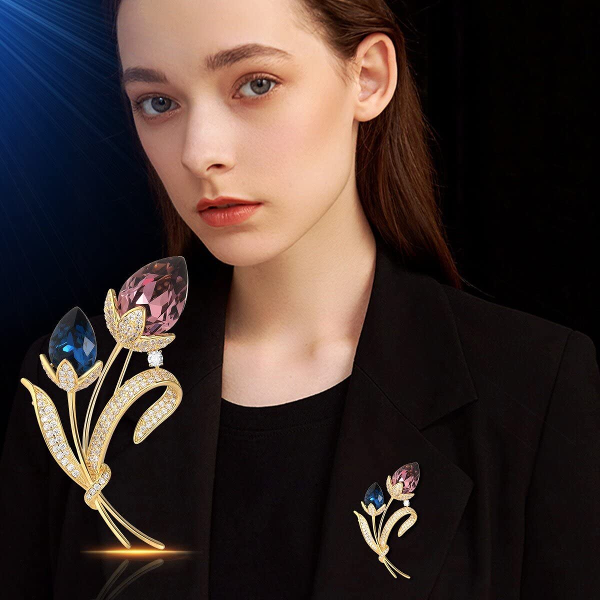 EMEGCY Tulip Brooch Pin Tulip Pin Rhinestone Brooches 18k Gold Plated Tulips Lapel Pin Crystal Flower Jewelry for Women Dress Accessories Birthday Christmas Gift