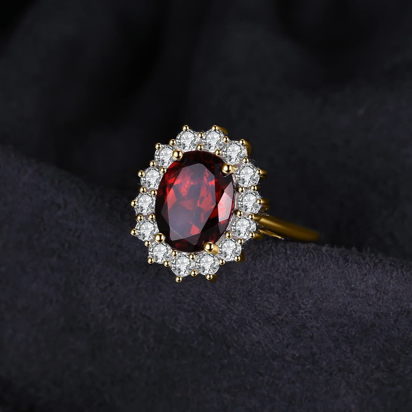 JewelryPalace Princess Diana Kate Middleton Gemstone Birthstone Genuine Red Garnet Halo Statement Engagement Rings for Women, 14K Yellow Gold Plated 925 Sterling Silver Promise Rings for Her Size 10.5