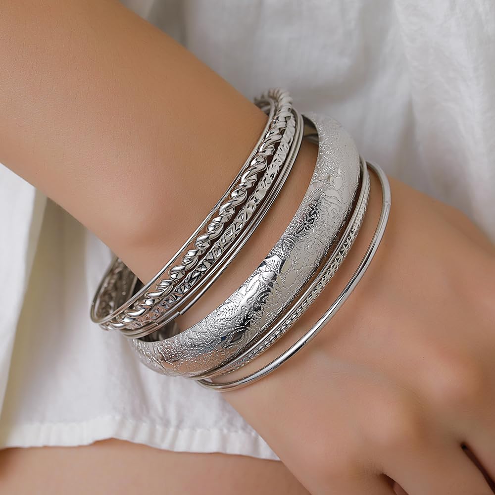 RINTOLER 10Pcs Silver Bangle Bracelets Set for Women - Chunky Silver Banlges Stackable Textured Bracelets Boho Jewelrys for Women. (J-Set 10pc Chunky)