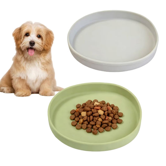2 Pack 7 Inch Shallow Pet Bowls - Silicone Cat & Dog Food Dishes for Whisker Fatigue Relief - Non-Slip Flat Feeding Bowls for Dry/Wet Food & Water (Green & Gray)