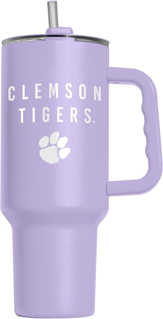 Logo Brands NCAA Clemson Tigers Lavender 40 oz Tumbler with Handle - Stylish Everyday Use Powder Coated-Stainless Steel with Straw- Keeps Cold For Hours