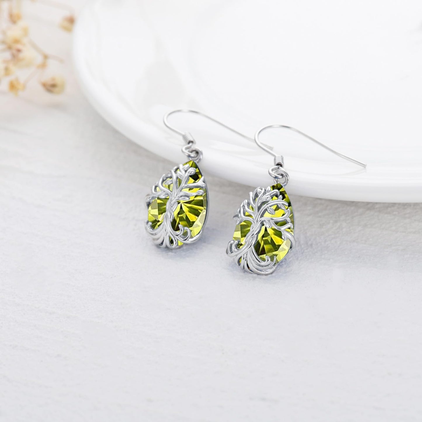 TOUPOP Peridot August Birthstone Earrings Sterling Silver Teardrop Tree of Life Earrings Family Tree Peridot Jewelry Birthday Mothers Day Gifts for Women Mom Her