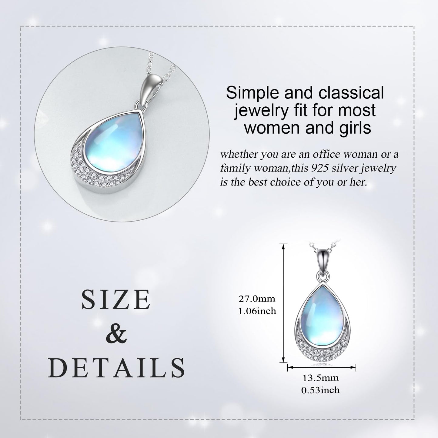 YAFEINI Moonstone Necklace 925 Sterling Silver Cubic Zirconia Teardrop Pendant Necklace Jewelry for Women(V-Cubic Zirconia Moonstone Necklace)
