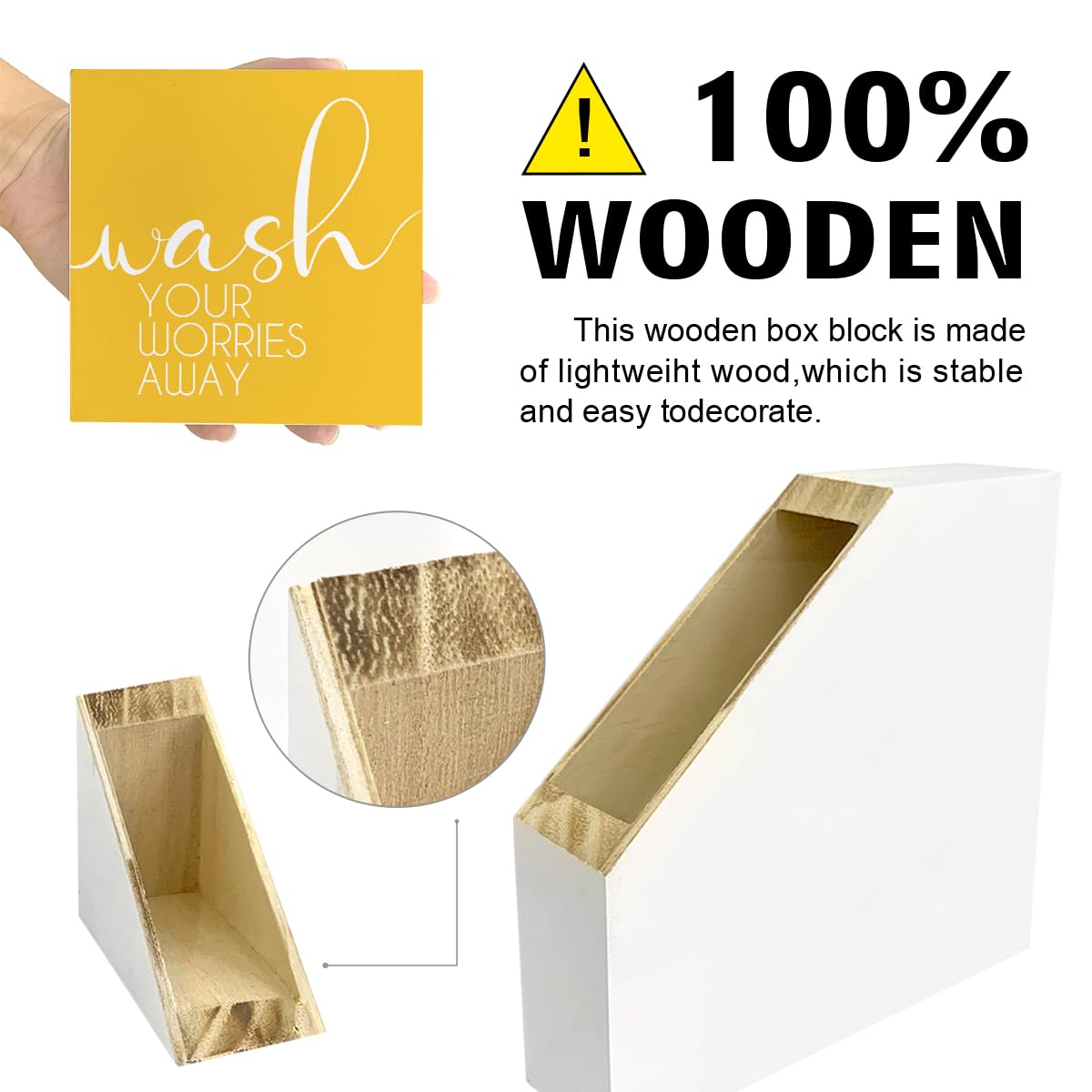 LVQHI Bathroom Decor And Accessories, Wash Your Worries Away Wooden Box Sign, Bathroom Sign Small Decorations For Shelves, Yellow Washroom Toilet Restroom Shelves Decor 5"L x 5"W x 1.1"H
