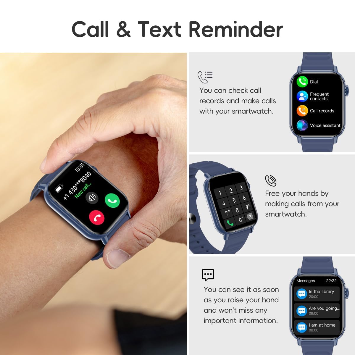 QTLLBT Smart Watch Sports Pedometer, Fitness Tracker Bluetooth Call Heart Rate Blood Oxygen Sleep Monitor,100 Sports Modes Waterproof for iOS Android Men's Women's Smart Watch (Blue)