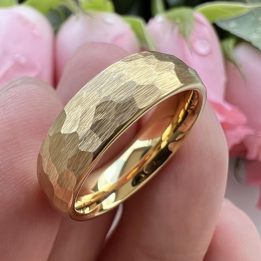 TUTISS 6mm Gold Hammered Tungsten Rings for Men Women Engagement Wedding Bands Domed I Love You Engraved Comfort Fit Size 5