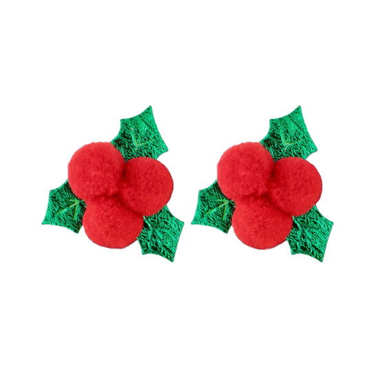 2-Piece Festive Holly Hair Clips with Red Berry Green Leaf Duckbill Clips Xmas Barrettes for Girls Holiday Hair Accessories for Winter Christmas New Year Parties