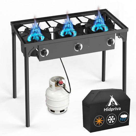 3 Burner Propane Gas Stove with Dustproof Cover & 20PSIG Regulator, Camp Stoves, 225,000 BTU High Pressure Burner for for Backyard Cooking Camping Home Brewing