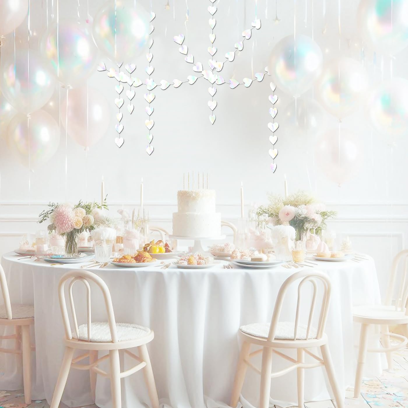 Iridescent Party Decorations - 52ft Paper Heart Garland Streamers Banner for Birthday Wedding Bachelorette Baby Shower Bridal Shower Engagement Valentines Day Hanging Decor HongTongTong