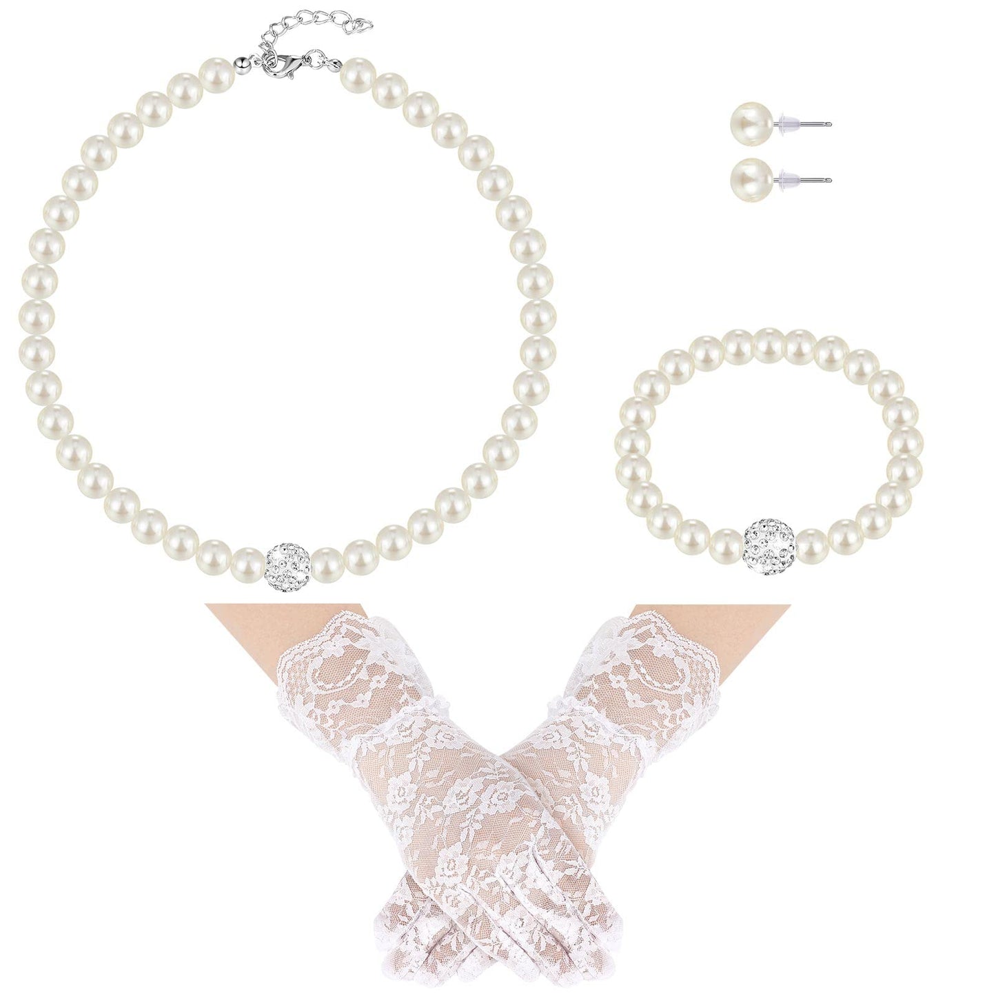 Geyoga 4 Pcs Pearl Necklace Set for Little Girls Toddler Girls Jewelry Communion Gloves for Kids Christmas Tea Party Wedding(Exquisite Style,4-8 Years)