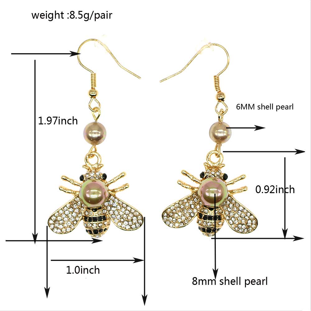 Honey Bee Drop Earrings Crystal Insect Themed Dangle Earring Animal Fashion Shell Pearl Hook Earring Gold Tone for Women Jewelry(Gold pearl +gold pearl hook)