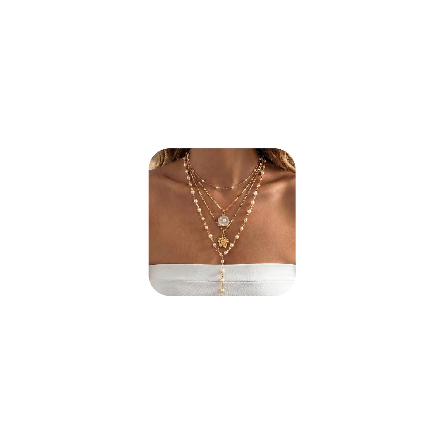 Shell Starfish Necklace for Women, Gold Plated Boho Layered Pendant Necklace with Pearl Conch Charm, Dainty Coastal Summer Beach Vacation Jewelry Gifts(Pearl 4Pcs)