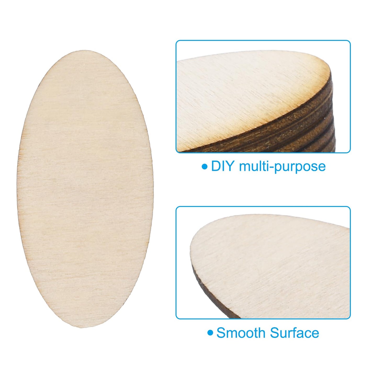 PATIKIL 40x20x1.7mm Wood Pieces, 100 Pack Unfinished Oval Wood Shapes Blank Wooden Cutouts Ornaments Natural for Christmas Party Craft Projects