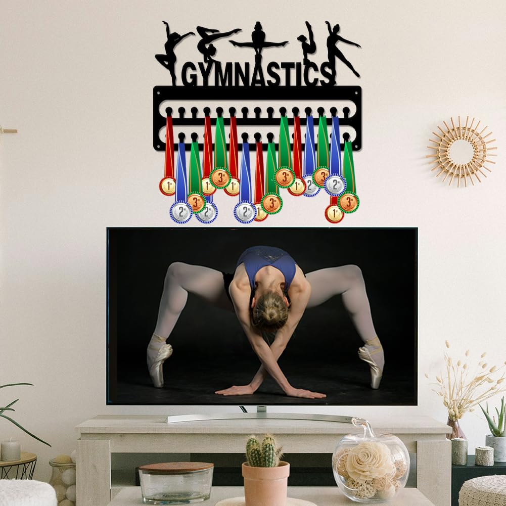 SUPERDANT Gymnastics Medal Hanger Display Sports Medal Holder Women's Gymnastics Iron Hanging 30 Hooks Metal Display Rack Organizer Race Ribbon Award Wall Hanger Gifts for Kids Athletes