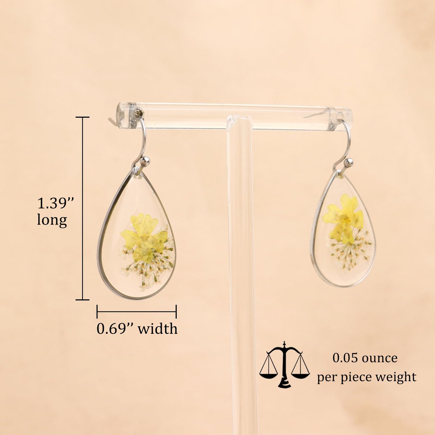 Jean Beau Handmade Pressed Flower Earrings for Women, Unique Resin Yellow Dried Flowers Sterling Silver Teardrop Dangle Drop Nature Floral Earings Fashion Summer Jewelry Gift