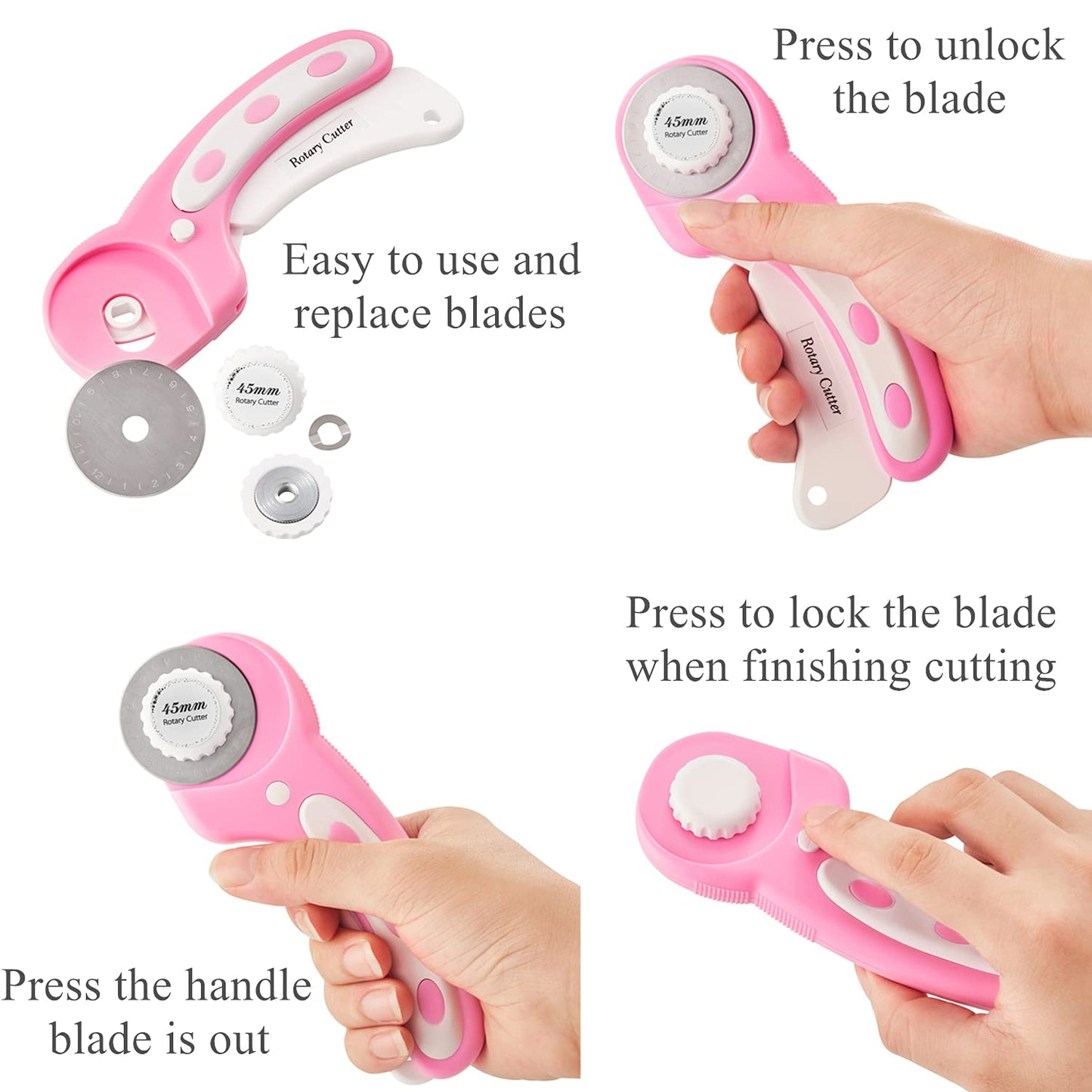Headley Tools Rotary Cutter Set - 45mm Fabric Cutter, 5 Replacement Rotary Blades, A3 Cutting Mat, Quilting Ruler and Sewing Clips, Craft Knife Set, Ideal for Crafting, Sewing, Patchworking, Pink