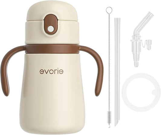 Evorie 11oz Leak Proof Vacuum Insulated Stainless Steel Sippy Cup for Toddlers (1 Pack, White) + Replacement Straw Set Bundle