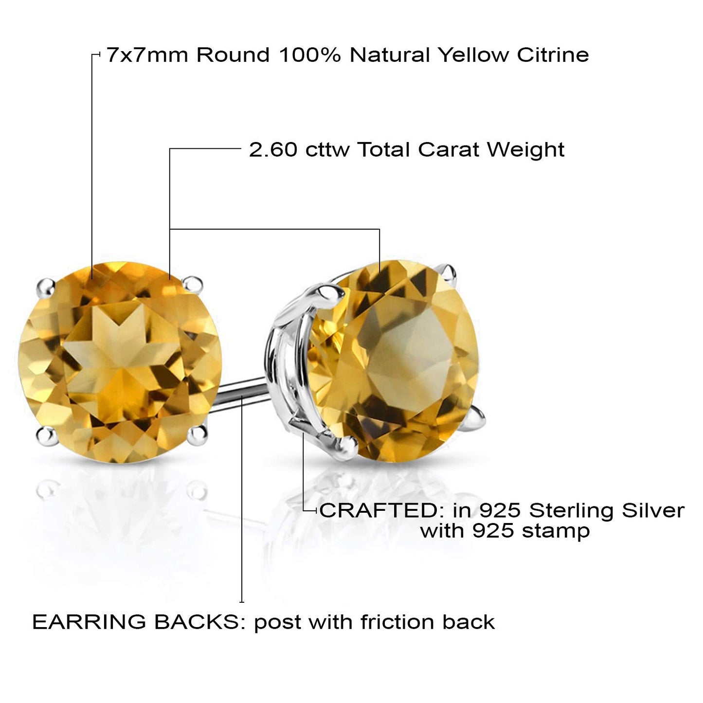 Gem Stone King 2-4 Cttw Round Gemstone Birthstone Stud Earrings For Women Men | 925 Sterling Silver | Round 7MM | Fine Jewelry Gifts for Women Her Mom Wife Men | Citrine-November