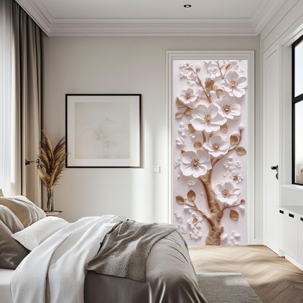 arricraft 2 Pcs Self-Adhesive Door Sticker, 31.5"x78.7" 3D Flower and Golden Branch Door Murals Stickers PVC Removable Wallpaper Decoration for Bedrooms Living Room