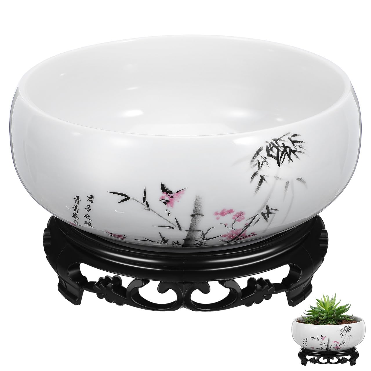 YARNOW Ceramic Lotus Bowl Planter with Stand - 6.9 Inch Water Lily Bowl for Home Office Garden Decor, No-Drainage Hole