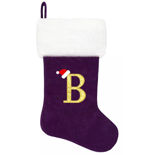 20 Inches Monogram Christmas Stockings, Purple Velvet with White Super Soft Plush Cuff Embroidered Letter Christmas Stocking, Personalized Xmas Stocking for Xmas Tree Holiday Fireplace Family Decor（B）